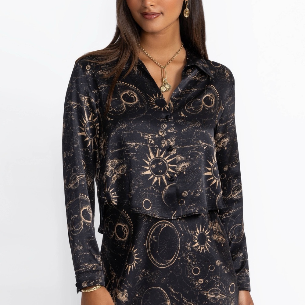 Johnny Was Black and Gold Button Down Shirt Cropped Overshirt
